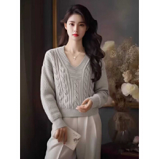 批发温柔风韩系小清新甜美上衣秋冬新款<b class='q'>短</b>款V领长袖纯色简约百搭毛衣