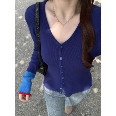 批发法式高级感v领针织开衫女装春秋季修身内搭打底撞色长袖通勤上衣