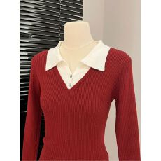 批发撞色假两件长袖T恤女早秋女装2025新款拼接针织<b class='q'>打底衫</b>Polo领上衣