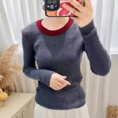 批发早秋季韩版撞色圆领长袖<b class='q'>针织衫</b>女显瘦气质时尚百搭打底毛衣上衣