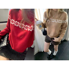 批发圣诞红色高领加厚毛衣女秋冬季长袖套头针织衫宽松慵懒风显瘦上衣