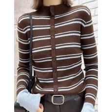 批发欧洲站2025秋冬新款复古撞色条纹百搭立领修身显瘦针织开衫上衣潮