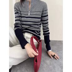 批发欧货2025早秋新款半拉链立领时尚条纹针织衫女休闲显瘦百搭羊毛衫