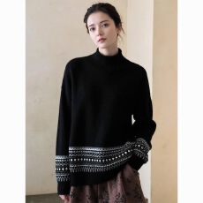 批发高级感费尔岛风半高领长袖针织衫女秋冬新款时髦宽松保暖软糯毛衣