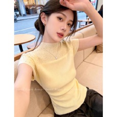 批发半高领烫钻<b class='q'>针织衫</b>短袖女高级感气质简约修身打底衫上衣夏款欧洲站