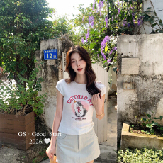 批发2026年春夏新款小众卡通印花设计感短袖修身T恤上衣女