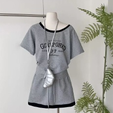 批发纯欲风斜肩辣妹针织短袖字母T恤上衣+包臀半身短裙套装夏