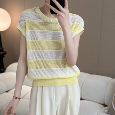 批发条纹镂空天丝飞机袖针织衫女<b class='q'>欧洲站</b>夏装欧货女装套头洋气百搭上衣