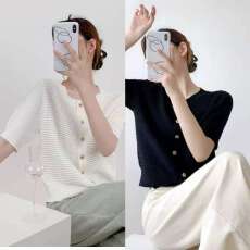 批发高级感白色小香风冰丝针织衫短袖上衣女夏季镂空薄款<b class='q'>开衫</b>法式t恤