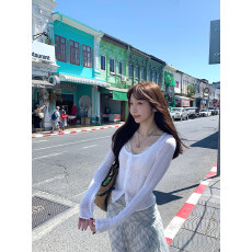 MosesQueen魔西女王粉色镂空针织开衫女春夏修身打底防晒外套上衣