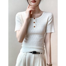 批发春夏新款<b class='q'>针织</b>衫女短袖短款<b class='q'>圆领</b>韩版半开领纯色套头小款女