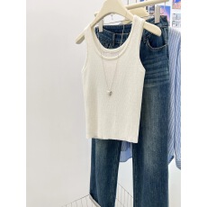 批发纯色简约针织套头U型领坑条纹吊带背心女夏季<b class='q'>修身</b>打底高腰短上衣