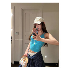 批发假两件叠穿粉色V领针织挂脖吊带背心女夏季泰国绝美短款无袖上衣