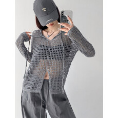 批发美式透视宽松镂空针织设计感长袖上衣女春<b class='q'>夏</b>新款开叉防晒网格罩衫