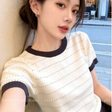 批发撞色圆领虚线条纹针织短袖女<b class='q'>夏</b>韩系温柔风修身显瘦百搭上衣