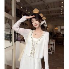 批发温柔风重工V领开衫冰丝防晒衣服<b class='q'>夏</b>季韩系配裙子针织空调衫薄上衣