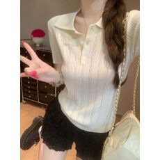 批发蓝色polo领冰丝针织衫短袖女夏纯欲修身正肩短款上衣