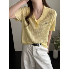 批发天丝亚麻新款韩版宽松显瘦翻领短袖针织衫女毛衣上衣女薄款打底衫