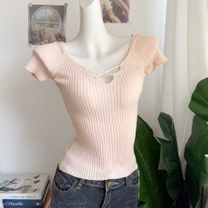 批发御姐辣妹时尚洋气2026春夏新款修身镂空V领短袖针织衫女夏季