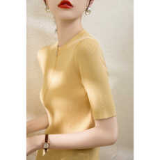 批发高级法式半开拉链设计正肩t恤中袖针织衫夏季2026新款打底上衣薄