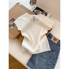 自留款推荐~后背镂空纽扣短袖针织衫女夏季新款温柔甜美显瘦上衣