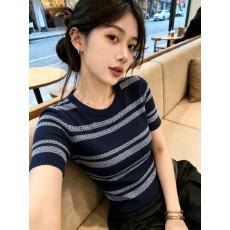 批发2025年夏季新款休闲百搭条纹撞色圆领针织短袖上衣女