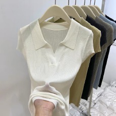 批发2026春季新款老钱风小v领polo针织衫女一粒扣翻领短袖T恤正肩上衣