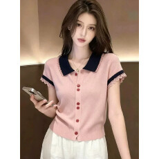 批发夏季新款温柔<b class='q'>甜美</b>减龄气质拼色单排扣百搭显瘦粉色针织开衫上衣女