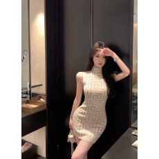 批发法式无袖<b class='q'>连衣裙</b>几何印花修身包臀针织短裙子小众设计感名媛<b class='q'>打底裙</b>