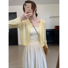 批发黄色镂空冰丝针织防晒开衫薄款<b class='q'>外套女</b>夏季配吊带裙子外搭罩衫上衣