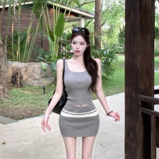 批发纯欲辣妹套装短款无袖针织吊带背心<b class='q'>夏</b>高腰包臀短裙灰色两件套
