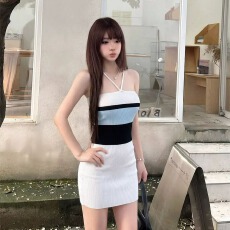批发法式简约纯欲风针织衫<b class='q'>吊带</b>连衣裙夏季新款绑带高级感短裙<b class='q'>女</b>