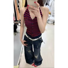 美式复古条纹V领针织背心女夏季新款法式气质休闲百搭无袖上衣潮