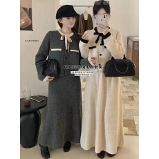 批发HQY+ 法式气质蝴蝶结撞色针织开衫+盐系半身裙 两件套韩版新款女