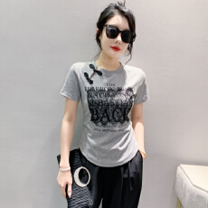 批发实价 92棉/8氨纶40支210g纯棉 抽褶印花<b class='q'>网纱</b>盘扣短袖T恤