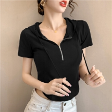 实价 纯涤新氨棉 抽绳连帽拉链半开荷叶边短款修身短袖T恤