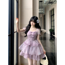 批发高级感优雅紫色连衣裙甜美蝴蝶结<b class='q'>欧根纱</b>蓬蓬晕染连衣裙生日礼服裙