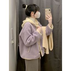批发新款韩系小清新紫色连帽羊羔毛外套女冬季宽松时尚减龄毛茸茸上衣