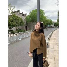 批发韩系驼色老钱风廓形毛呢外套秋冬氛围感半高领不规则高级呢子<b class='q'>大衣</b>