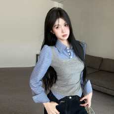 批发美式辣妹假两件格子拼接翻领长袖<b class='q'>衬衫</b>时尚复古气质百搭显瘦上衣女