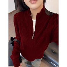 批发美式半拉链立领麻花针织衫女<b class='q'>秋</b>冬慵懒高级感高领毛衣内搭打底上衣