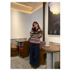 批发韩系复古新款彩色条纹宽松秋冬翻领<b class='q'>毛衣</b>针织衫慵懒针织外套上衣女