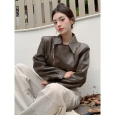 批发欧货翻领短款pu皮外套女2023秋<b class='q'>冬</b>新款高级感机车炸街小个子皮夹克