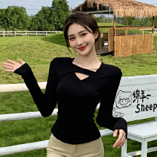 批发2025秋冬新款加绒加厚V领拼接简约时尚显瘦设计款打底衫上衣