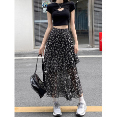 批发<b class='q'>雪纺</b>碎花半身长裙蛋糕裙2025夏季高腰a字不规则垂坠感开叉鱼尾裙