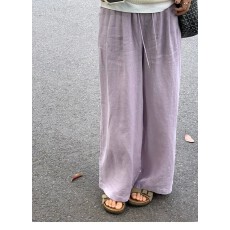 批发内包边 垂坠感阔腿裤女新款紫色棉麻裤子胖mm<b class='q'>大码</b>薄款直筒裤