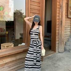 批发薄纱连衣裙女夏新款今年流行爆款假两件撞色条纹长款<b class='q'>背心</b>裙