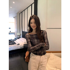 批发微透辣妹方领网纱女夏<b class='q'>长袖</b>冰丝凉感格子<b class='q'>t</b><b class='q'>恤</b>外搭防晒上衣