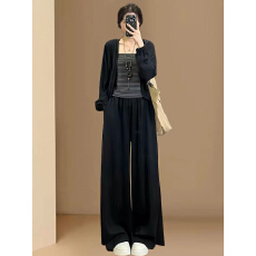 批发秋冬穿搭一整套<b class='q'>女</b>2026新款条纹慵懒吊带背心开<b class='q'>衫</b>显瘦阔腿裤<b class='q'>三件</b>套