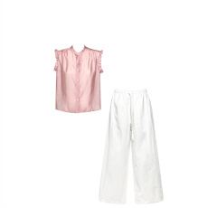 批发高级小众不撞款套装温柔风圆领系扣花边无袖<b class='q'>衬衫</b>女百搭休闲阔腿裤
